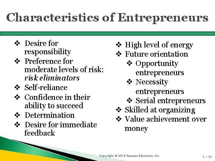 Characteristics of Entrepreneurs v Desire for responsibility v Preference for moderate levels of risk: