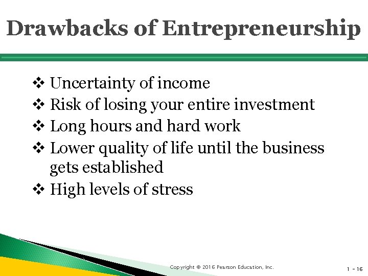 Drawbacks of Entrepreneurship v Uncertainty of income v Risk of losing your entire investment