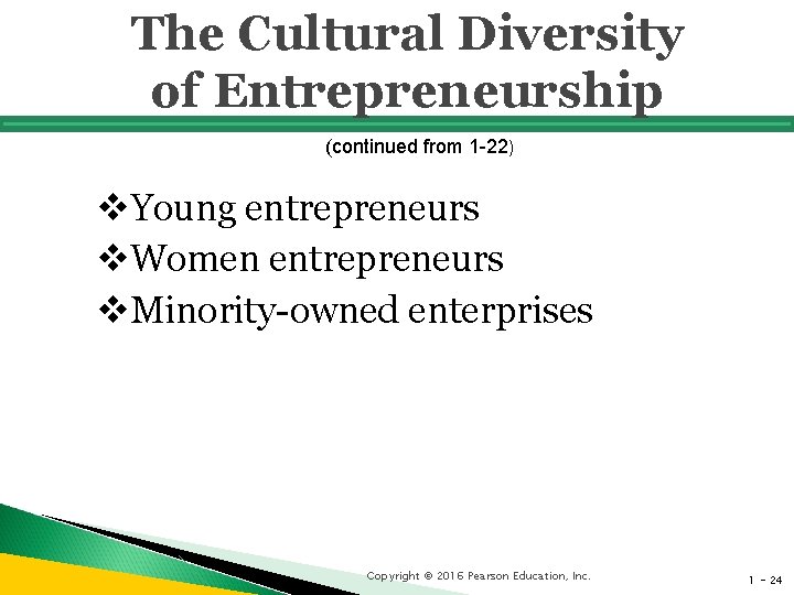 The Cultural Diversity of Entrepreneurship (continued from 1 -22) v. Young entrepreneurs v. Women