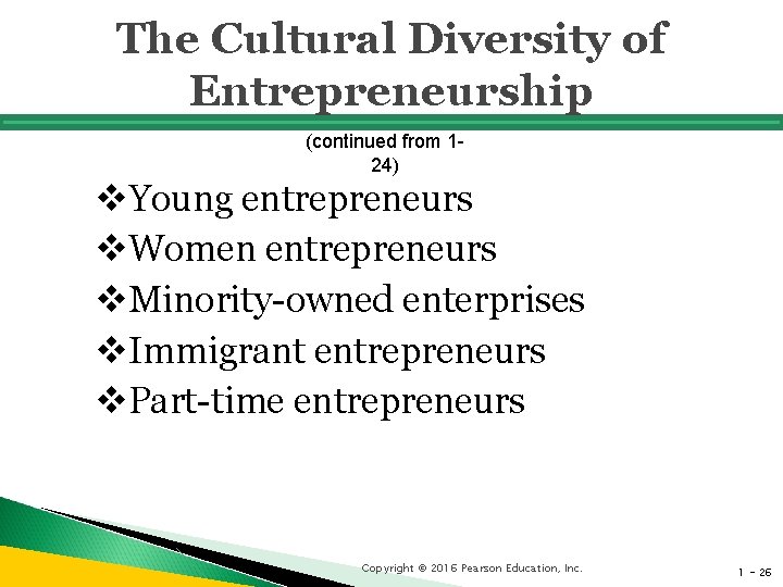 The Cultural Diversity of Entrepreneurship (continued from 124) v. Young entrepreneurs v. Women entrepreneurs