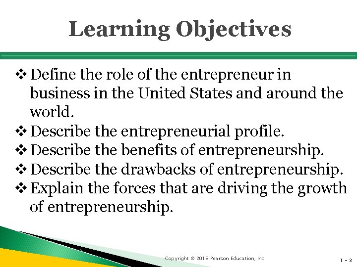 Learning Objectives v Define the role of the entrepreneur in business in the United