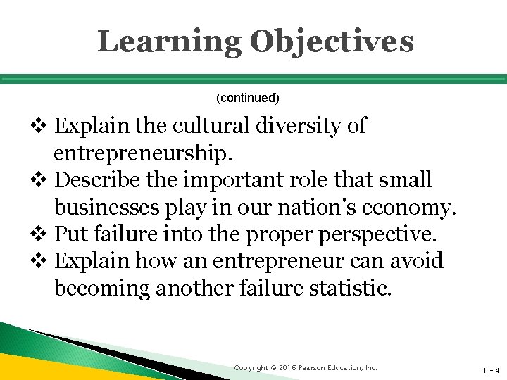 Learning Objectives (continued) v Explain the cultural diversity of entrepreneurship. v Describe the important