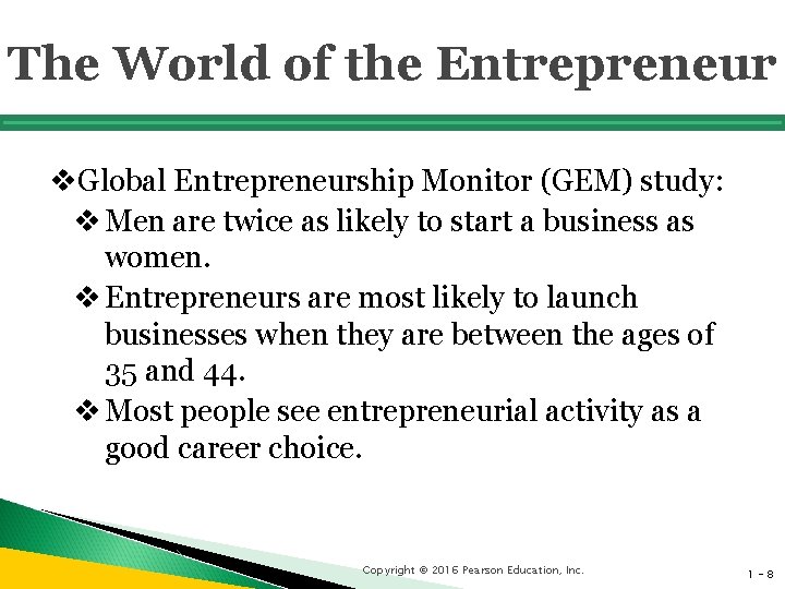 The World of the Entrepreneur v. Global Entrepreneurship Monitor (GEM) study: v Men are