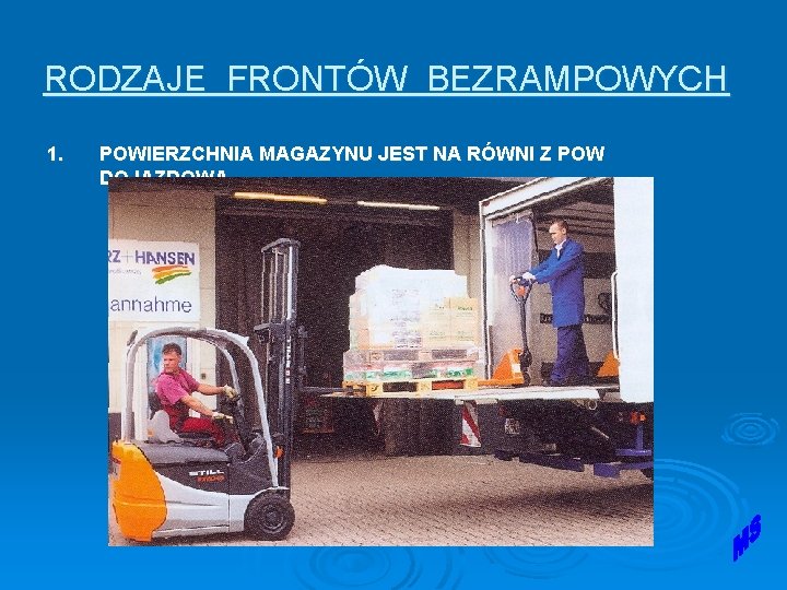 RODZAJE FRONTÓW BEZRAMPOWYCH 1. POWIERZCHNIA MAGAZYNU JEST NA RÓWNI Z POW DOJAZDOWĄ RODZAJE FRONTÓW BEZRAMPOWYCH 1. POWIERZCHNIA MAGAZYNU JEST NA RÓWNI Z POW DOJAZDOWĄ