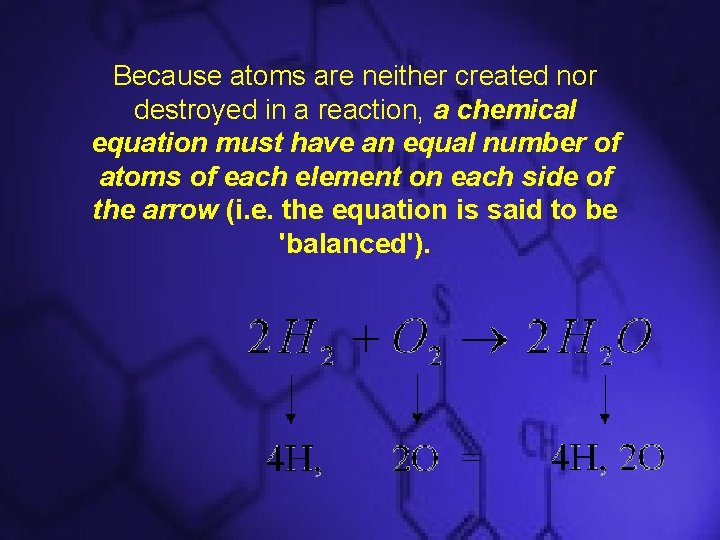 Because atoms are neither created nor destroyed in a reaction, a chemical equation must