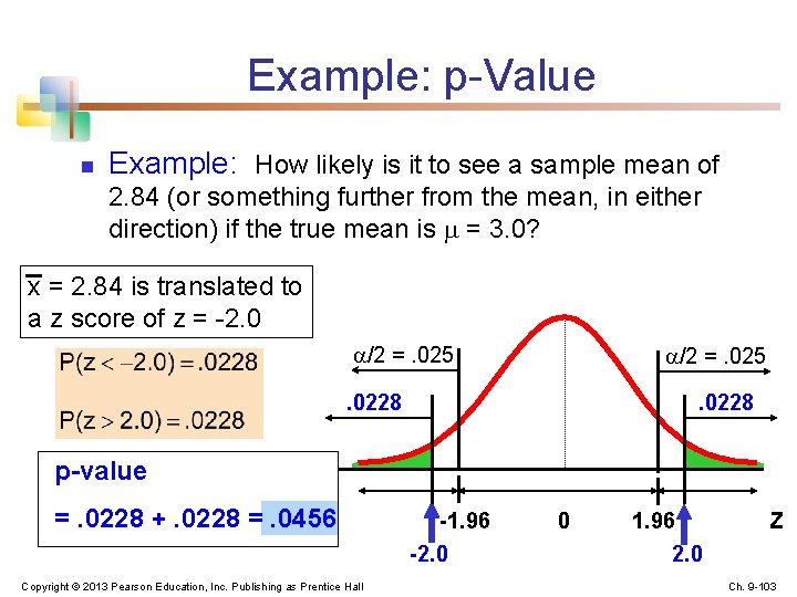 Example: p-Value n Example: How likely is it to see a sample mean of