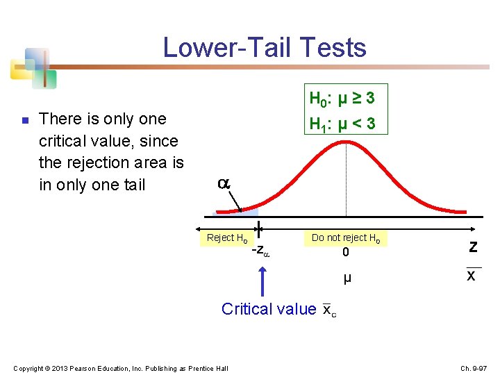 Lower-Tail Tests n There is only one critical value, since the rejection area is
