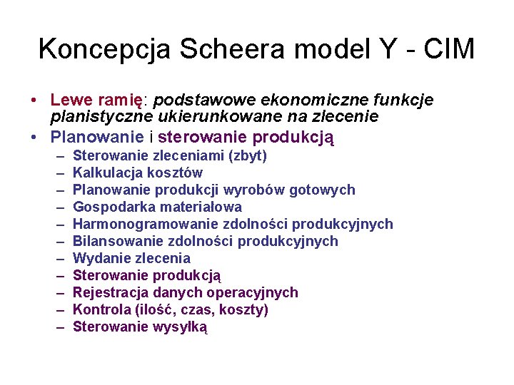 Koncepcja Scheera model Y - CIM • Lewe ramię: podstawowe ekonomiczne funkcje planistyczne ukierunkowane