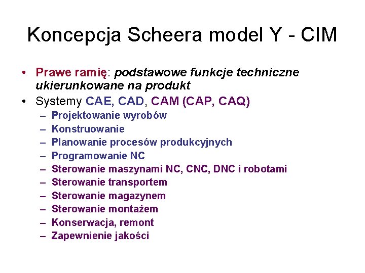 Koncepcja Scheera model Y - CIM • Prawe ramię: podstawowe funkcje techniczne ukierunkowane na