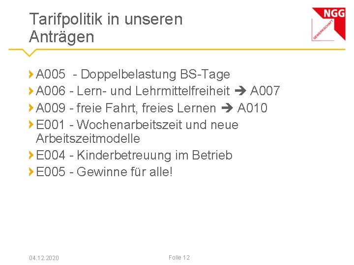 Tarifpolitik in unseren Anträgen A 005 - Doppelbelastung BS-Tage A 006 - Lern- und