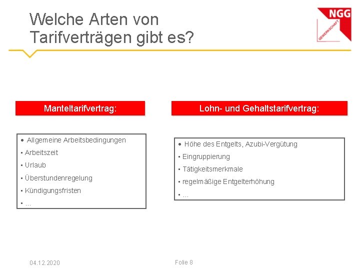 Welche Arten von Tarifverträgen gibt es? Manteltarifvertrag: • Allgemeine Arbeitsbedingungen • Arbeitszeit • Urlaub