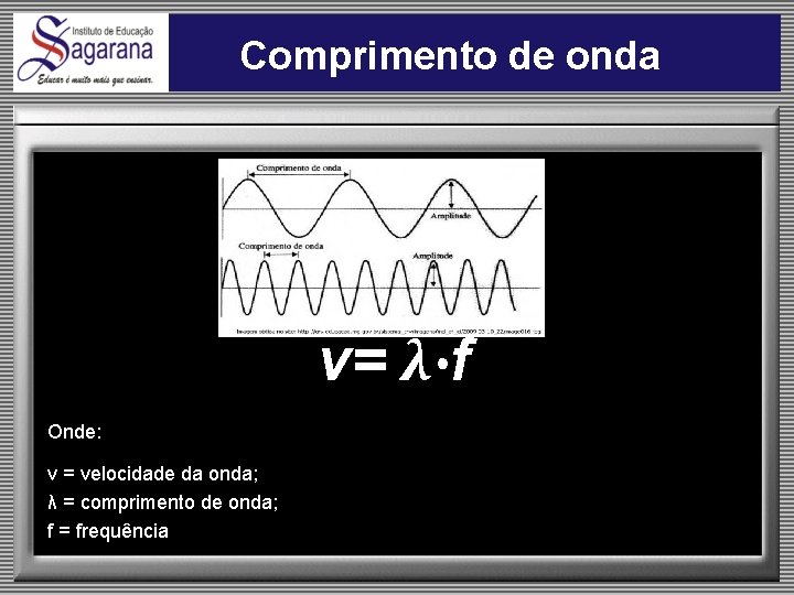 Comprimento de onda v= λ∙f Onde: v = velocidade da onda; λ = comprimento