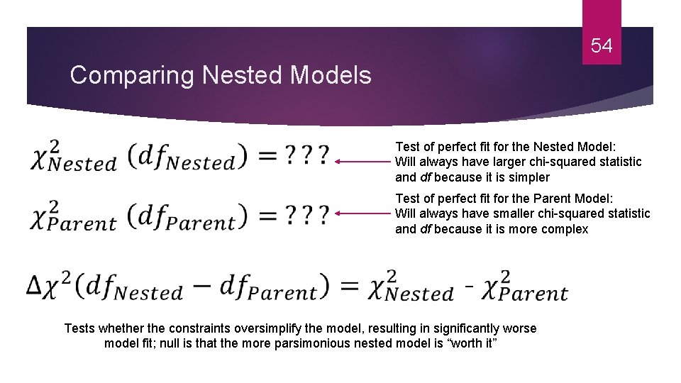 54 Comparing Nested Models Test of perfect fit for the Nested Model: Will always
