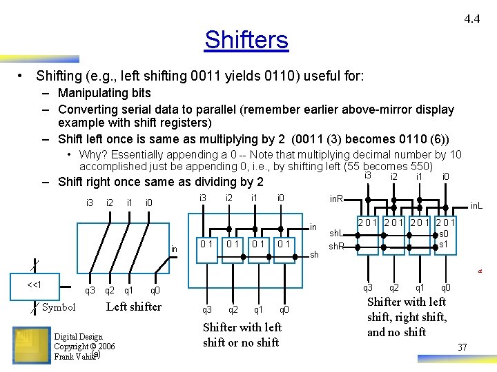 4. 4 Shifters • Shifting (e. g. , left shifting 0011 yields 0110) useful