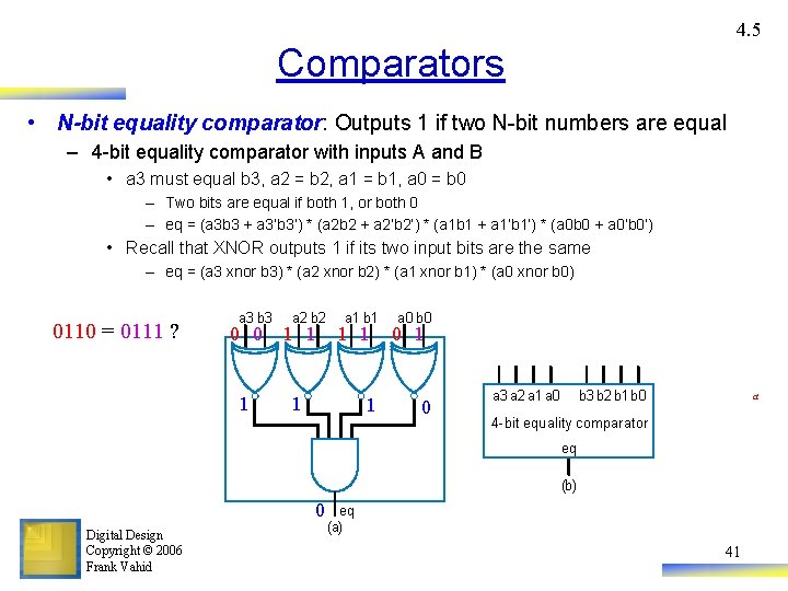 4. 5 Comparators • N-bit equality comparator: Outputs 1 if two N-bit numbers are