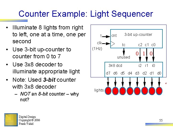 Counter Example: Light Sequencer • Illuminate 8 lights from right to left, one at