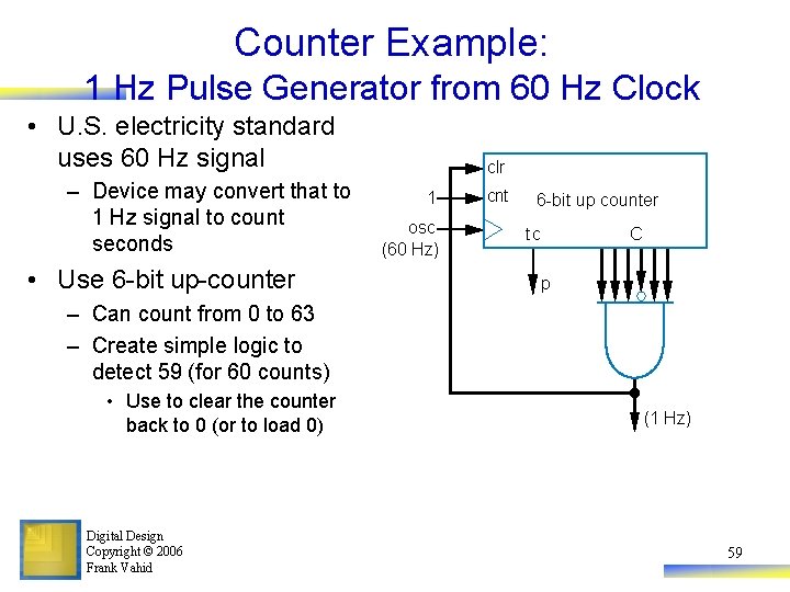 Counter Example: 1 Hz Pulse Generator from 60 Hz Clock • U. S. electricity