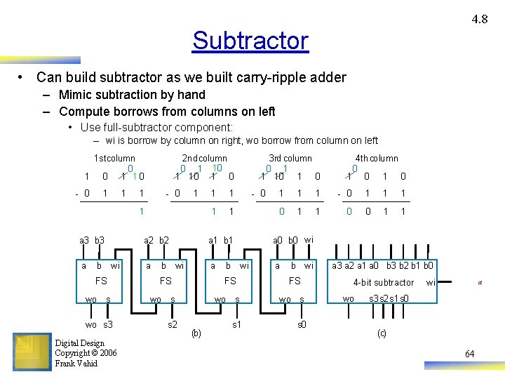 4. 8 Subtractor • Can build subtractor as we built carry-ripple adder – Mimic