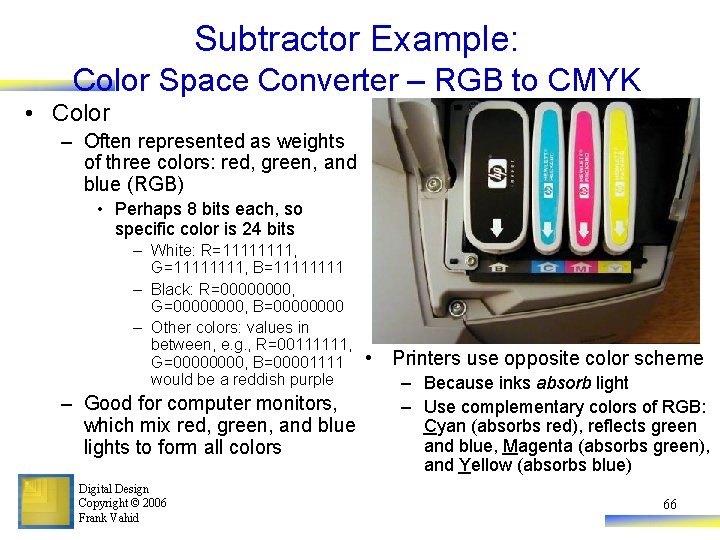 Subtractor Example: Color Space Converter – RGB to CMYK • Color – Often represented