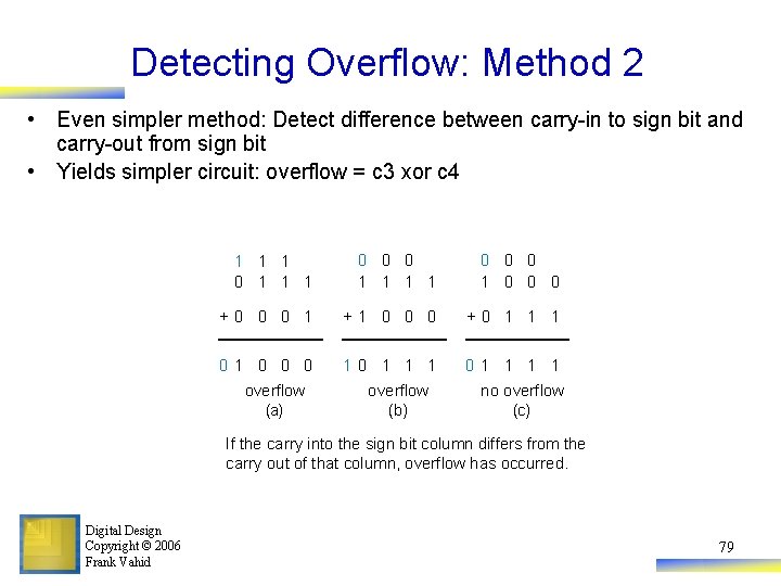Detecting Overflow: Method 2 • Even simpler method: Detect difference between carry-in to sign