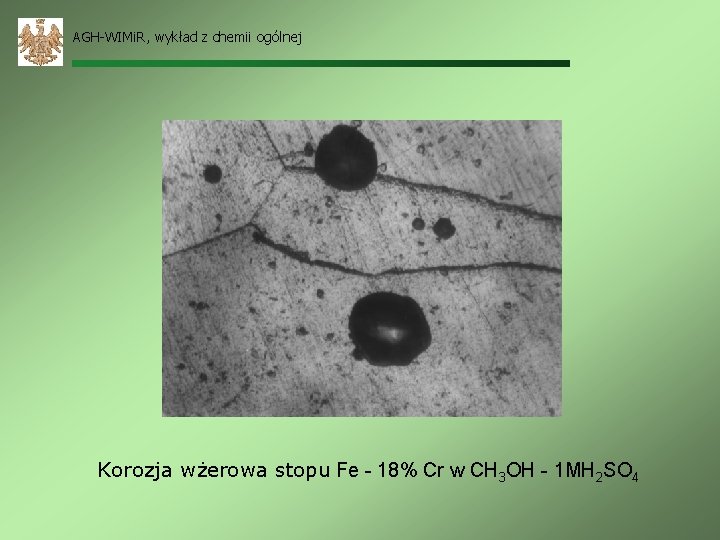 AGH-WIMi. R, wykład z chemii ogólnej Korozja wżerowa stopu Fe - 18% Cr w