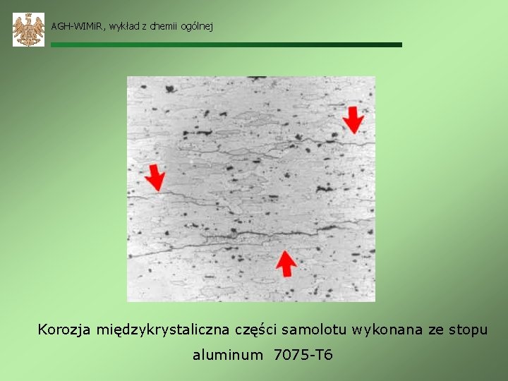 AGH-WIMi. R, wykład z chemii ogólnej Korozja międzykrystaliczna części samolotu wykonana ze stopu aluminum