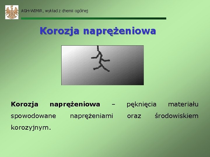 AGH-WIMi. R, wykład z chemii ogólnej Korozja naprężeniowa spowodowane korozyjnym. – naprężeniami pęknięcia oraz