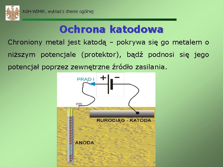 AGH-WIMi. R, wykład z chemii ogólnej Ochrona katodowa Chroniony metal jest katodą – pokrywa