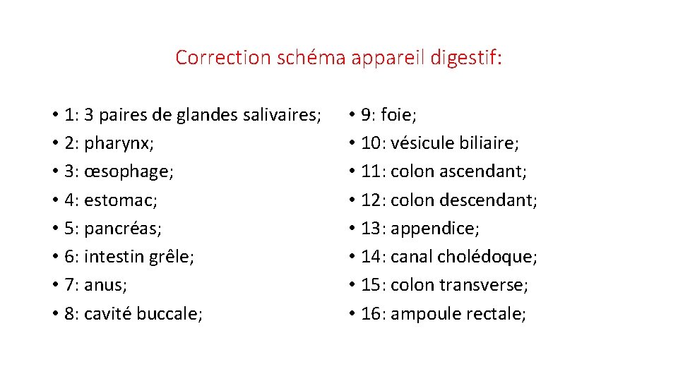 Correction schéma appareil digestif: • 1: 3 paires de glandes salivaires; • 2: pharynx;