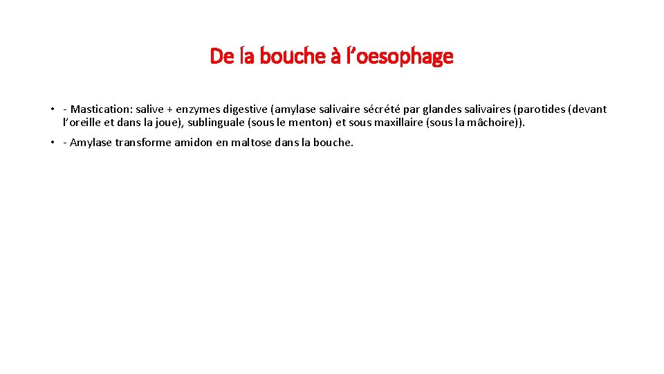 De la bouche à l’oesophage • - Mastication: salive + enzymes digestive (amylase salivaire