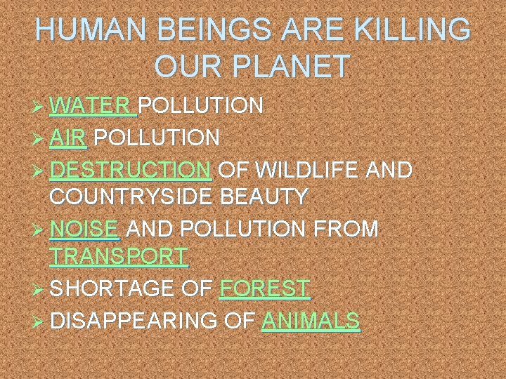 HUMAN BEINGS ARE KILLING OUR PLANET Ø WATER POLLUTION Ø AIR POLLUTION Ø DESTRUCTION