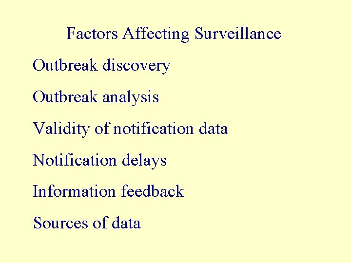 Factors Affecting Surveillance Outbreak discovery Outbreak analysis Validity of notification data Notification delays Information