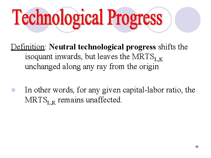Definition: Neutral technological progress shifts the isoquant inwards, but leaves the MRTSL, K unchanged