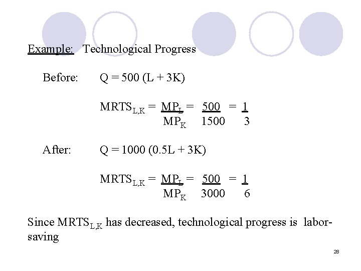 Example: Technological Progress Before: Q = 500 (L + 3 K) MRTSL, K =