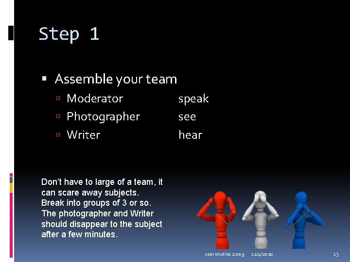 Step 1 Assemble your team Moderator Photographer Writer speak see hear Don’t have to