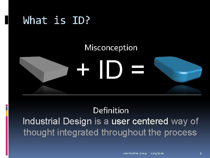 What is ID? Misconception + ID = Definition Industrial Design is a user centered