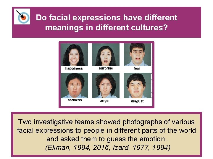 Do facial expressions have different meanings in different cultures? Two investigative teams showed photographs Do facial expressions have different meanings in different cultures? Two investigative teams showed photographs