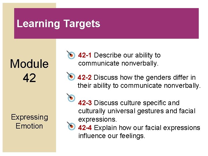 Learning Targets Module 42 Expressing Emotion 42 -1 Describe our ability to communicate nonverbally. Learning Targets Module 42 Expressing Emotion 42 -1 Describe our ability to communicate nonverbally.