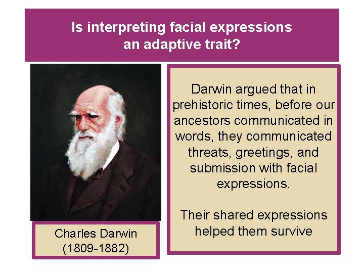 Is interpreting facial expressions an adaptive trait? Darwin argued that in prehistoric times, before Is interpreting facial expressions an adaptive trait? Darwin argued that in prehistoric times, before