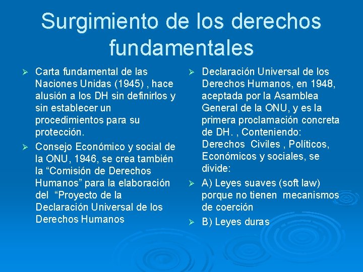 Surgimiento de los derechos fundamentales Carta fundamental de las Naciones Unidas (1945) , hace