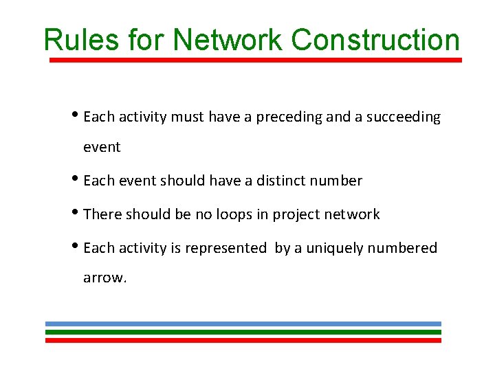 Rules for Network Construction • Each activity must have a preceding and a succeeding