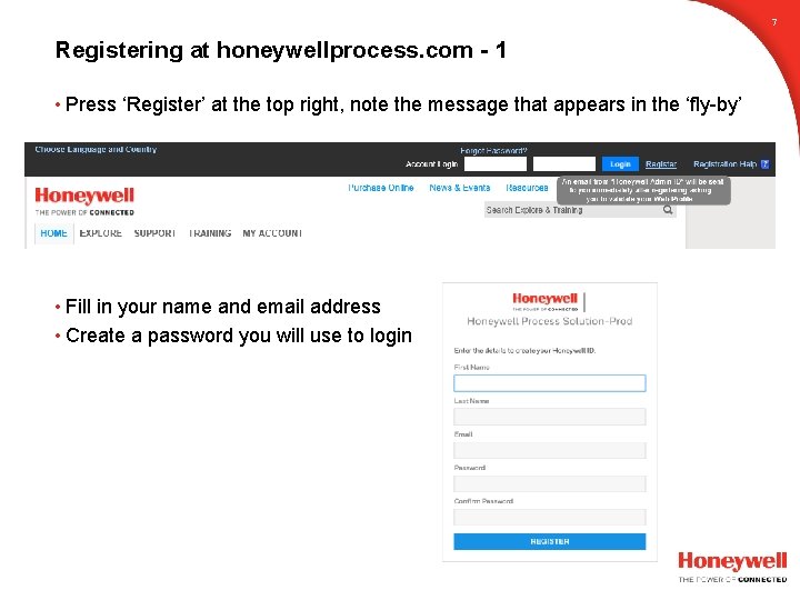 7 Registering at honeywellprocess. com - 1 • Press ‘Register’ at the top right, 7 Registering at honeywellprocess. com - 1 • Press ‘Register’ at the top right,
