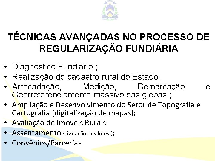 TÉCNICAS AVANÇADAS NO PROCESSO DE REGULARIZAÇÃO FUNDIÁRIA • Diagnóstico Fundiário ; • Realização do