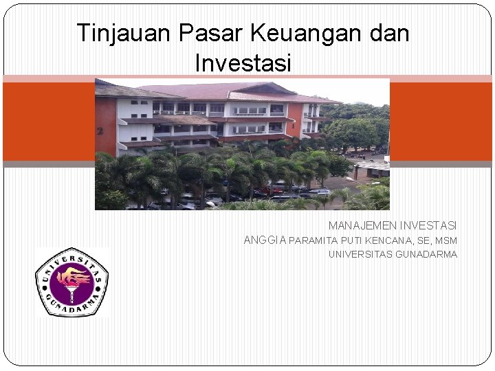 Tinjauan Pasar Keuangan dan Investasi MANAJEMEN INVESTASI ANGGIA PARAMITA PUTI KENCANA, SE, MSM UNIVERSITAS