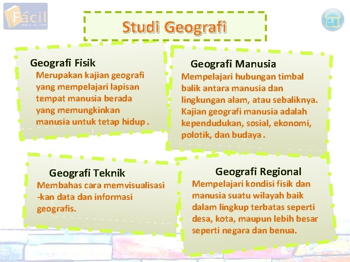 Studi Geografi Fisik Merupakan kajian geografi yang mempelajari lapisan tempat manusia berada yang memungkinkan