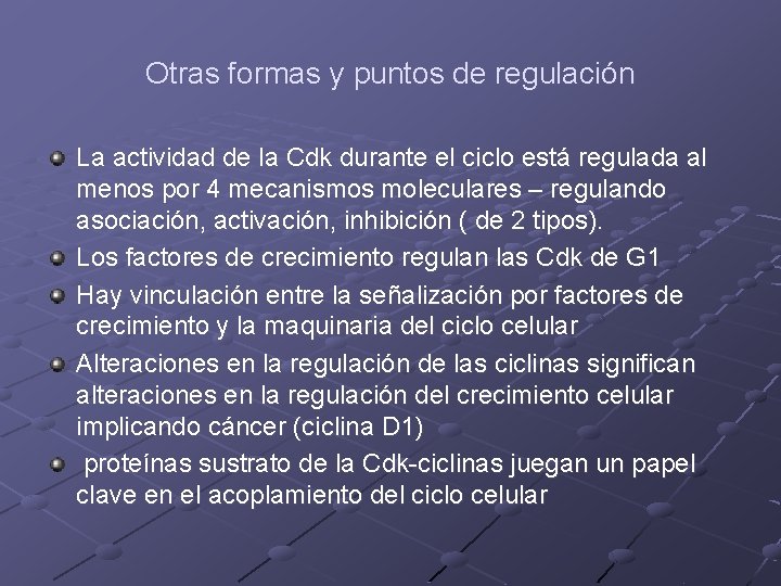 Otras formas y puntos de regulación La actividad de la Cdk durante el ciclo Otras formas y puntos de regulación La actividad de la Cdk durante el ciclo