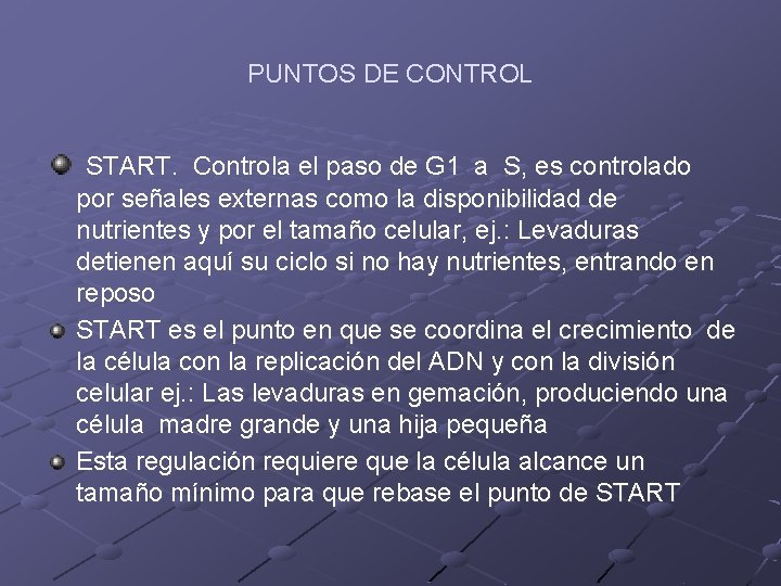 PUNTOS DE CONTROL START. Controla el paso de G 1 a S, es controlado PUNTOS DE CONTROL START. Controla el paso de G 1 a S, es controlado