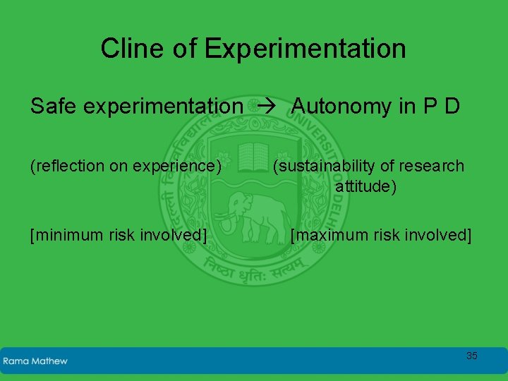 Cline of Experimentation Safe experimentation Autonomy in P D (reflection on experience) (sustainability of