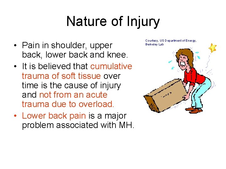 Nature of Injury • Pain in shoulder, upper back, lower back and knee. •