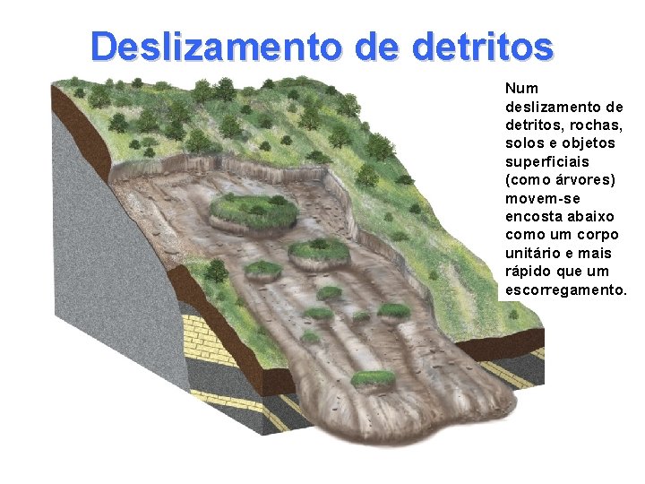 Deslizamento de detritos Num deslizamento de detritos, rochas, solos e objetos superficiais (como árvores)